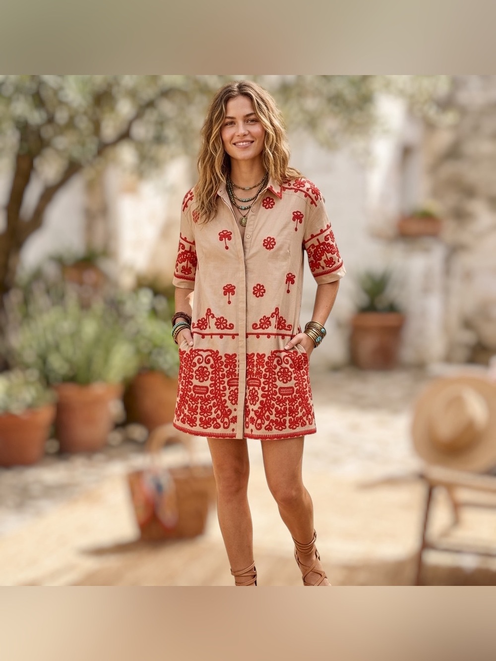 Anthropologie Maeve Shirt Mini Dres Embroidered Bohemian Beige Tan L